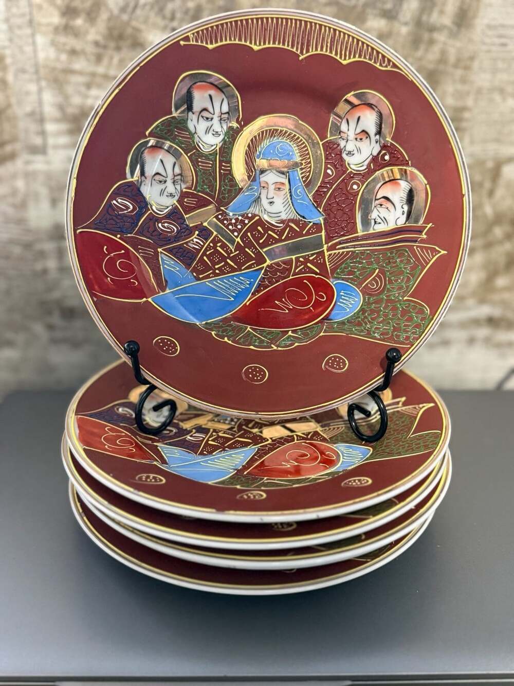 Kutani Set of 6 Japanese Plates Hand Painted Moriage Immortals